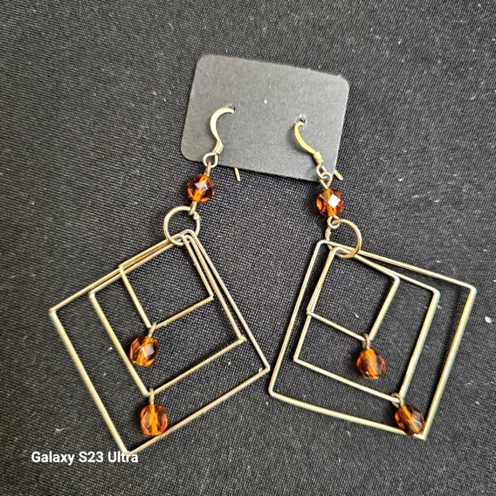 Geometric Gold Tone Earrings with Amber Accents